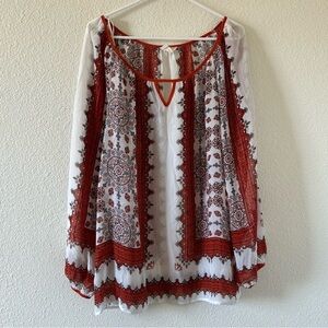 Perch Women’s Sheer Blouse 2XL Orange Cream Pop Over Paisley Boho Western